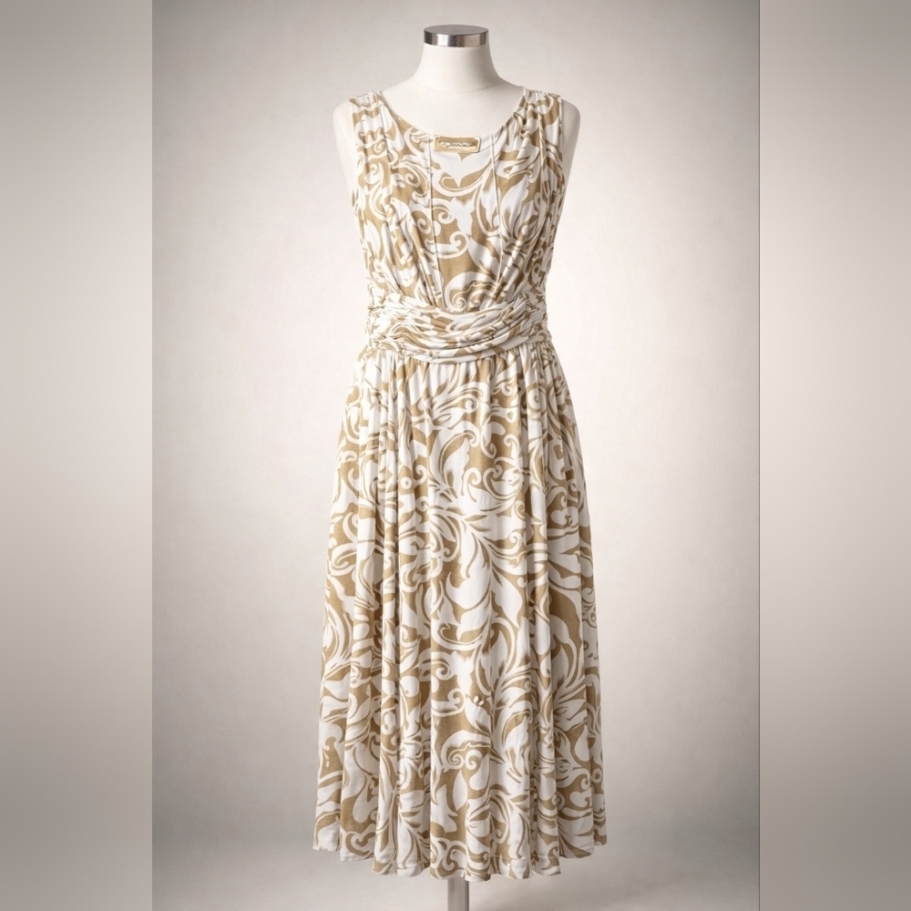 Perceptions NY Women's Elegant Beige Floral Ruched Waist Casual Midi Dressize M.